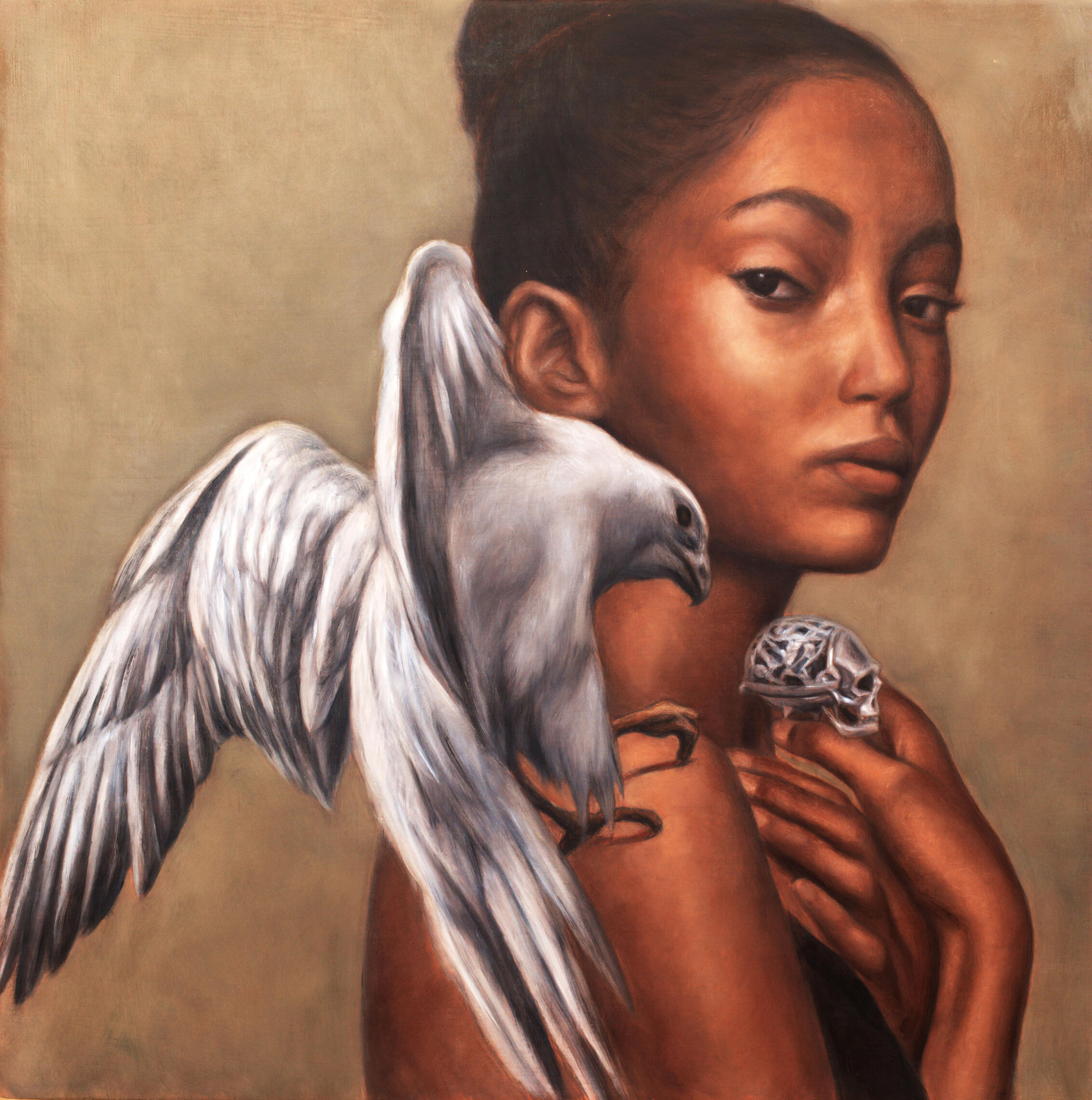 "Portrait of a young woman with Falcon", 16 x 16 inches, Oil on canvas