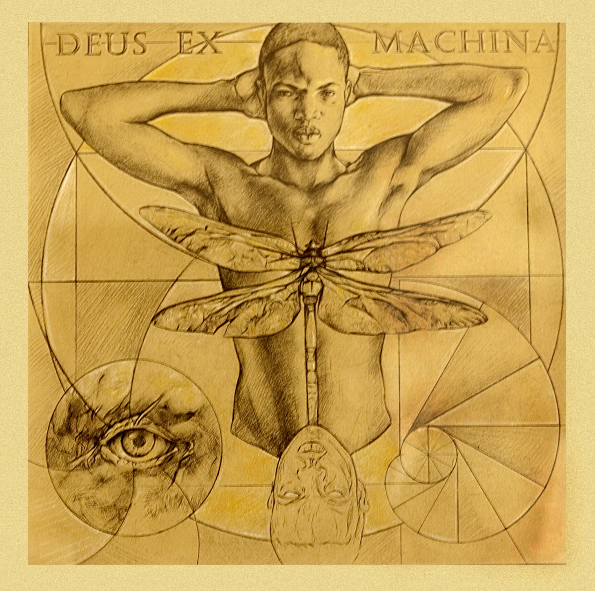 Deus ex Machina- 2006, 16 x 16 ins. graphite and pastel on prepared stonhenge paper mounted on board. Private collection